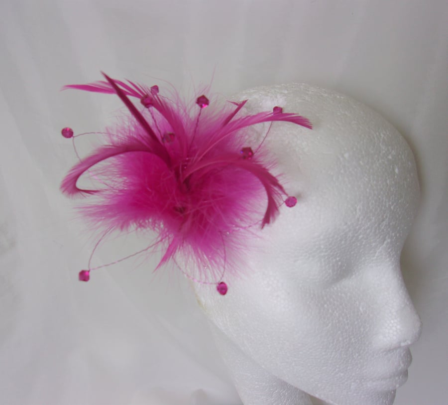 Raspberry Magenta Pink Fluffy Feather and Crystal Mini Hair Comb Fascinator