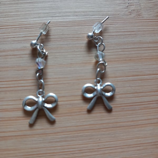 Sterling silver bow earrings for pierced ears, , communion,wedding