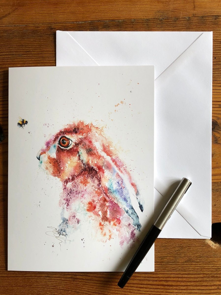 Hazel Hare & The Bee Card, Hare Greetings Card, Birthday Card, Watercolour Art C