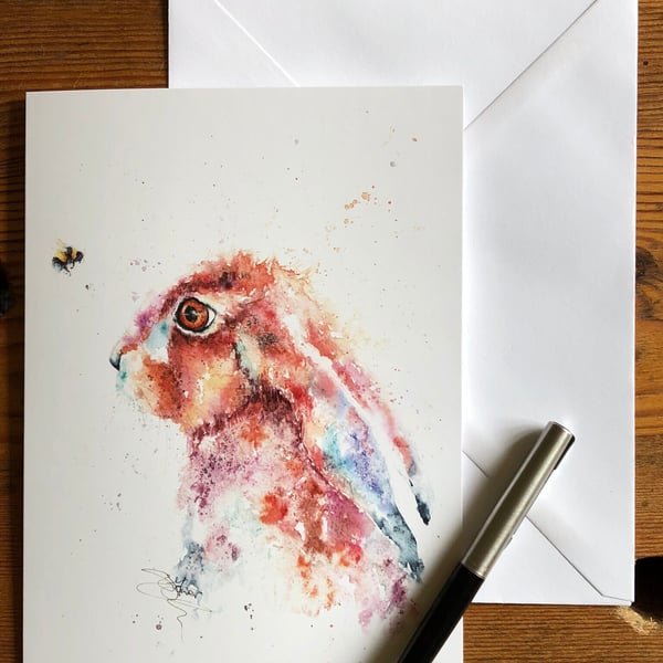 Hazel Hare & The Bee Card, Hare Greetings Card, Birthday Card, Watercolour Art C