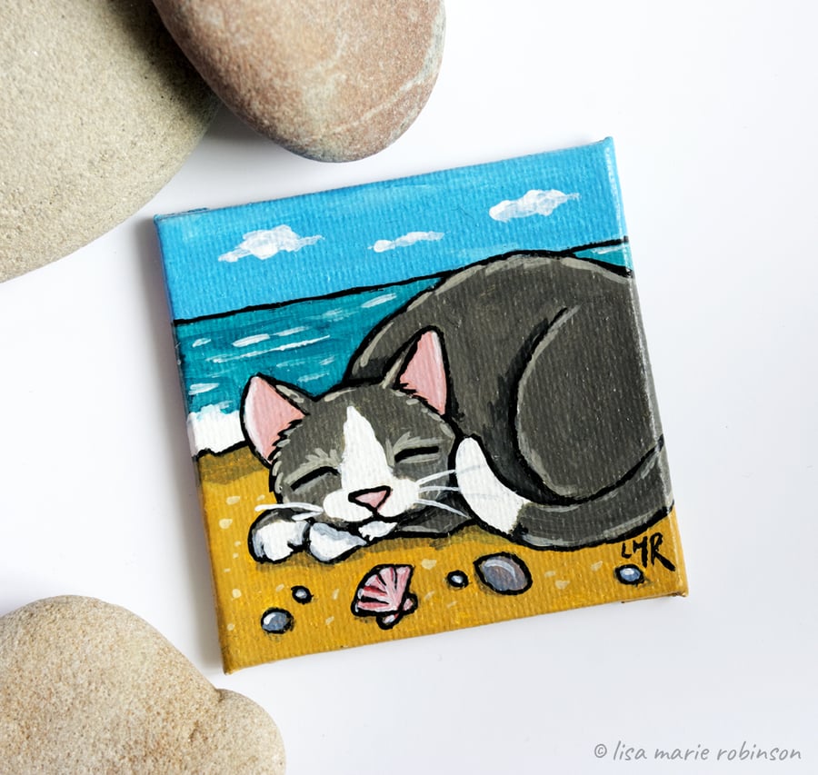 Cat on the Beach Mini Canvas Magnet