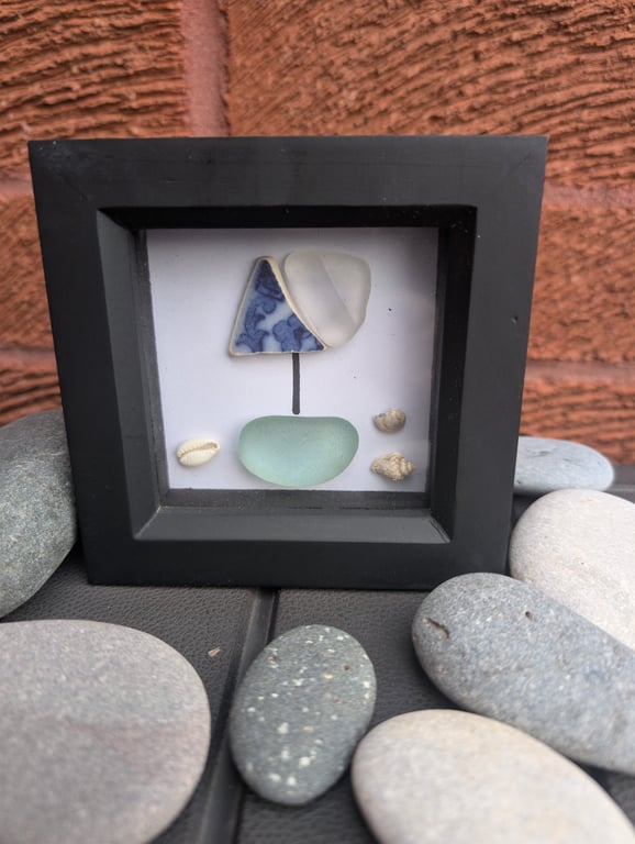 Black seaglass and pottery boat box frame 
