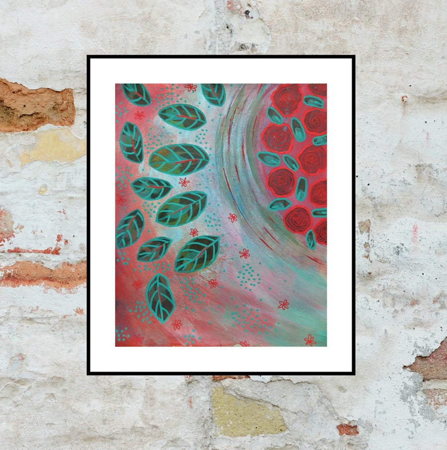 Abstract Floral Painting Botanical Botanic Nature Art Leaves & Red Roses Artwork
