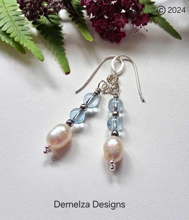 Sky Blue Topaz & Natural Rice Freshwater Pearl Sterling Silver Stud Earrings 