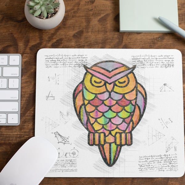Da Vinci Style Stained Glass Owl Non Slip Mouse Mat Mouse Pad