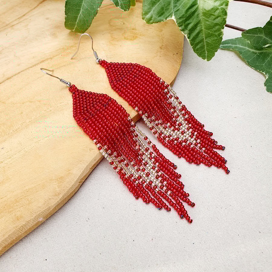 Long dangle beaded earrings Seed bead earring Fringe earrings Red and gold  earri