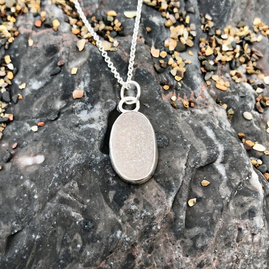 Stunning Simple White Sea Glass and Sterling Silver Pendant Necklace - 1259