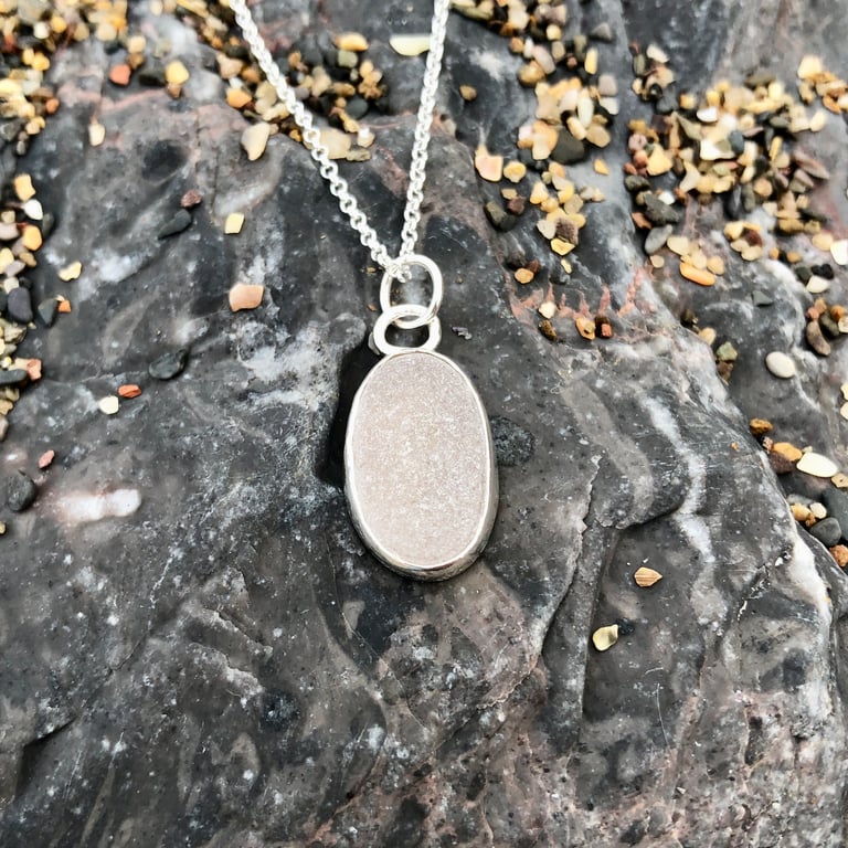 Stunning Simple White Sea Glass and Sterling Silver Pendant Necklace - 1259