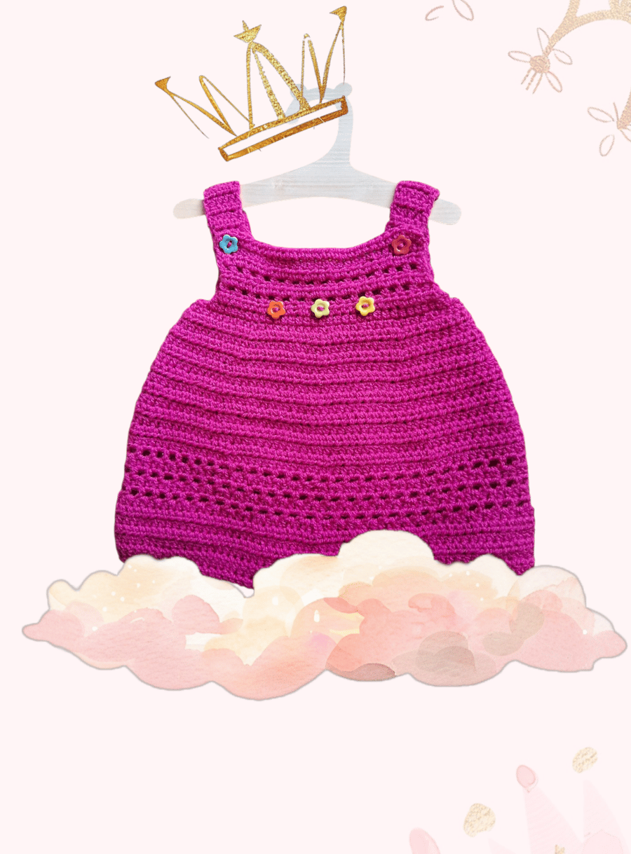 bright pink baby girl crochet pinafore, 0-3 months