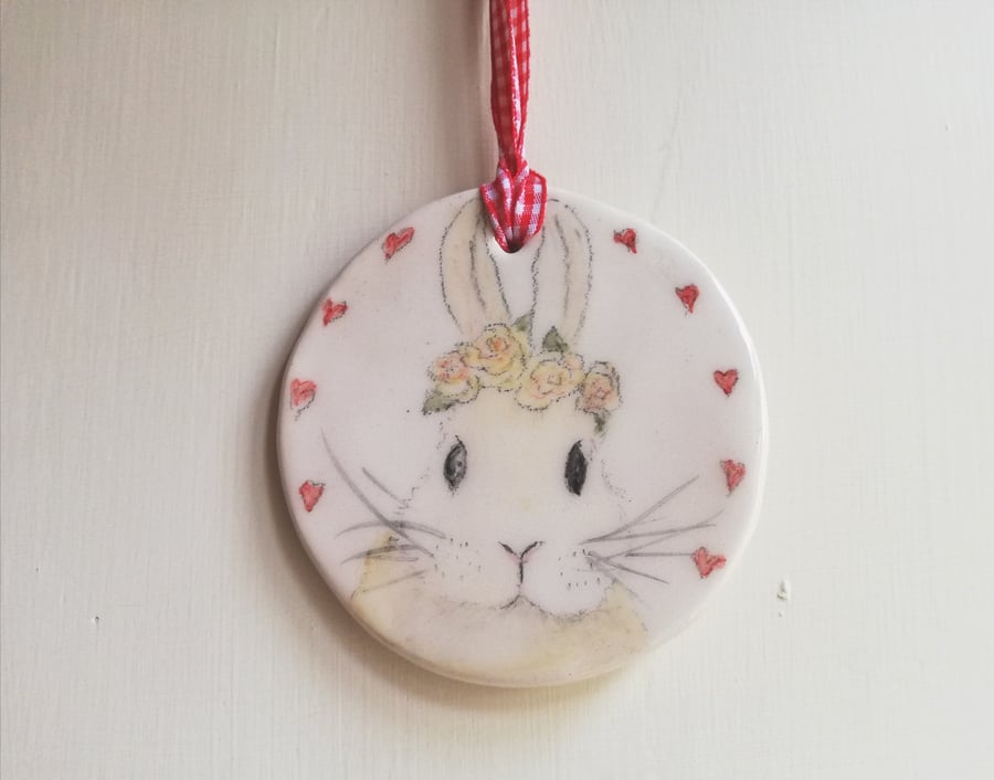 Ceramic bunny rabbit and hearts valentines decoration handmade ornament 