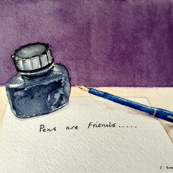 Still life watercolour painting of fountain pen and ink bottle Pens Are Friends
