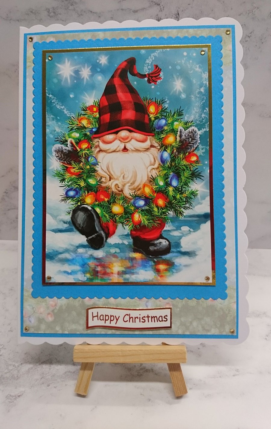 Handmade Christmas Card Ho Ho Ho Santa Gnome Wreath Lights