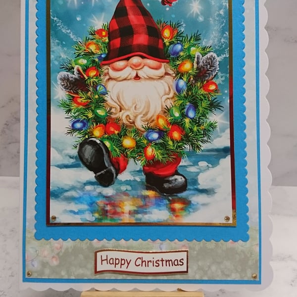 Handmade Christmas Card Ho Ho Ho Santa Gnome Wreath Lights