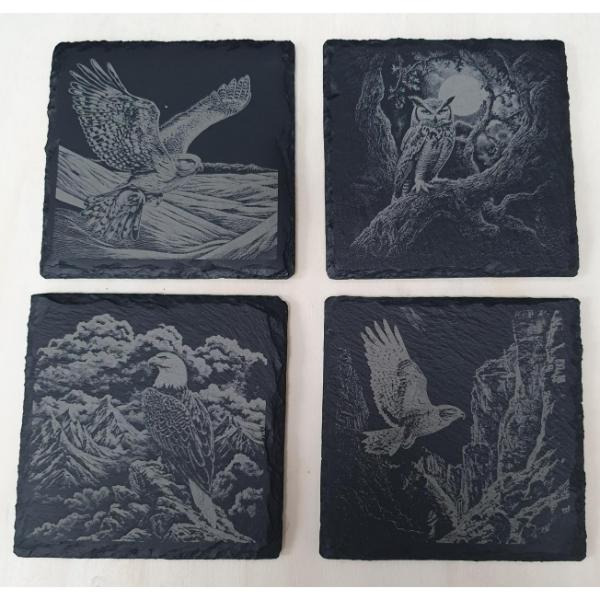 4-Piece Laser-Engraved Birds of Prey Slate Tile Set
