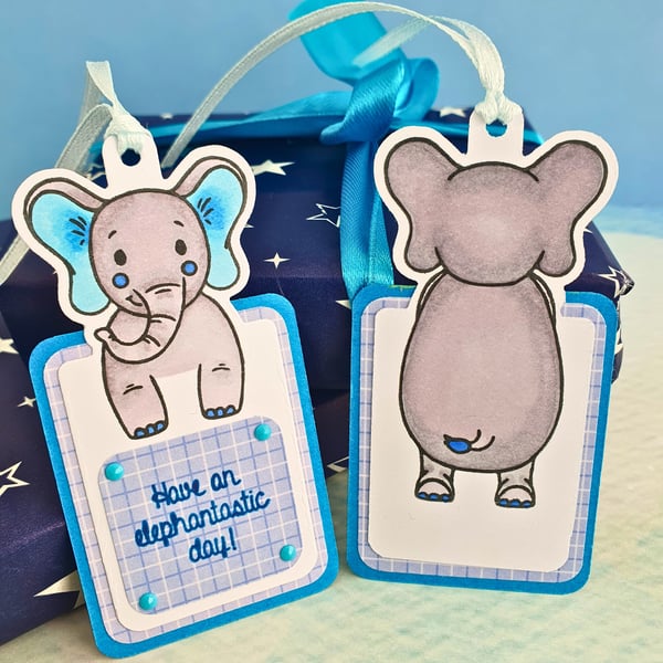 Gift Tags, Have An Elephantastic Day, Set Of 3 Elephant Gift Tags, Blue & Purple