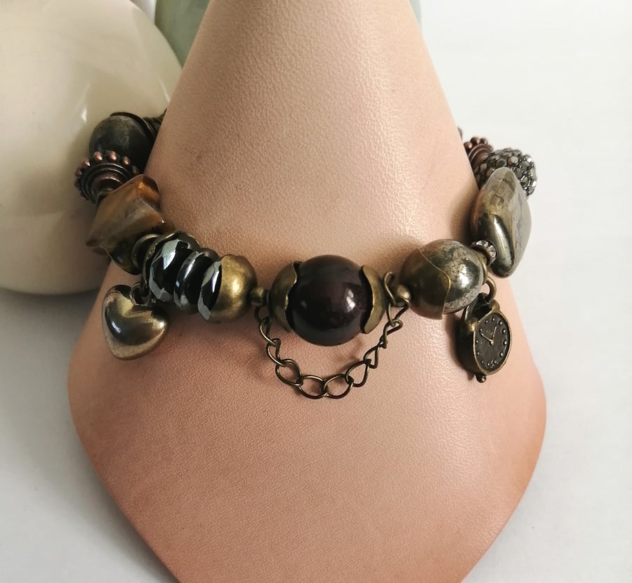 Steampunk beaded charm bracelet, pyrite mookite & Tigers eye
