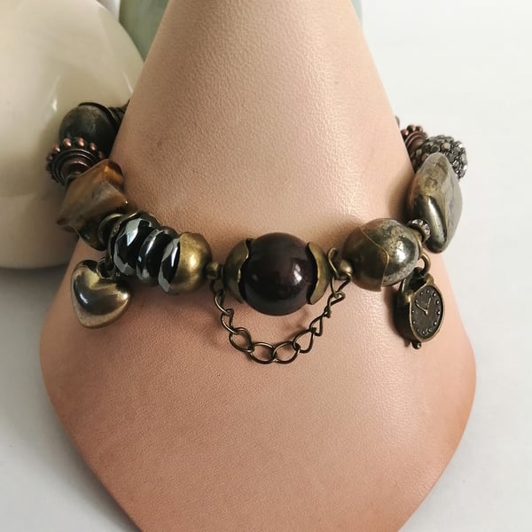 Steampunk beaded charm bracelet, pyrite mookite & Tigers eye