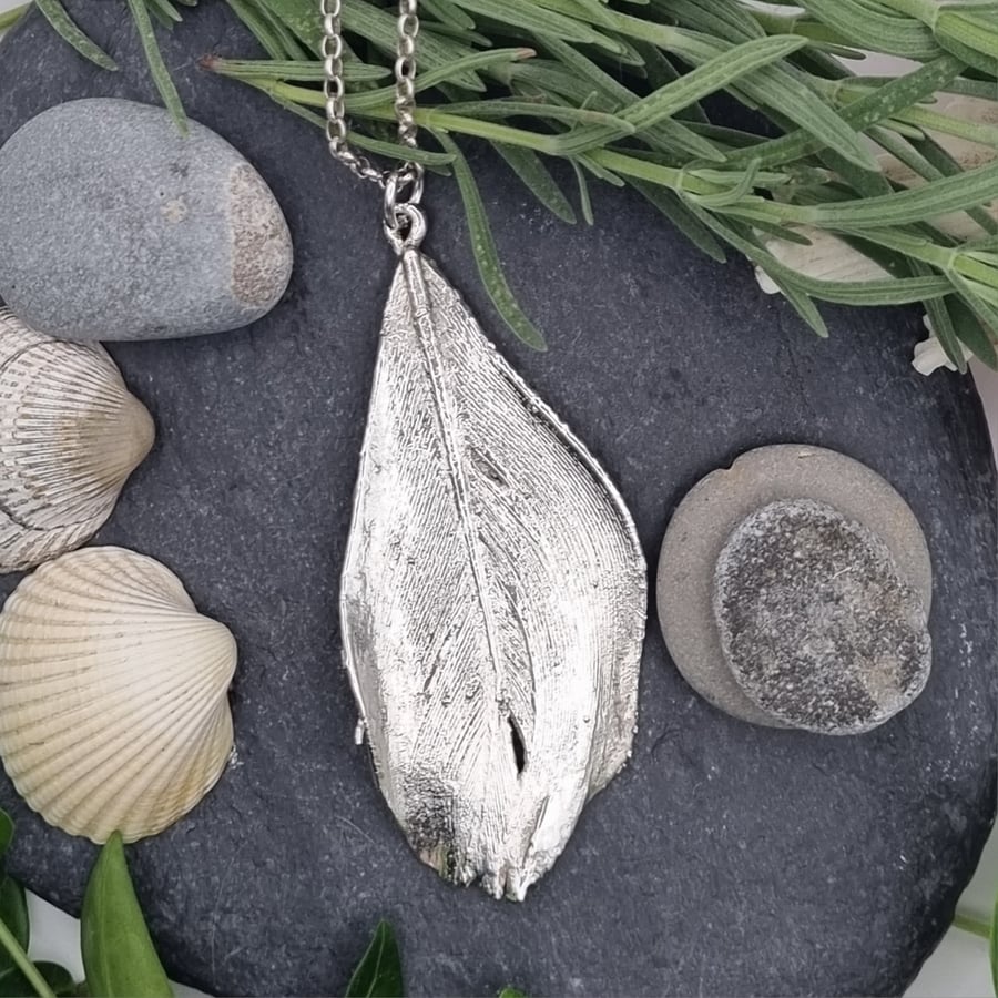 Real feather preserved in silver pendant necklace