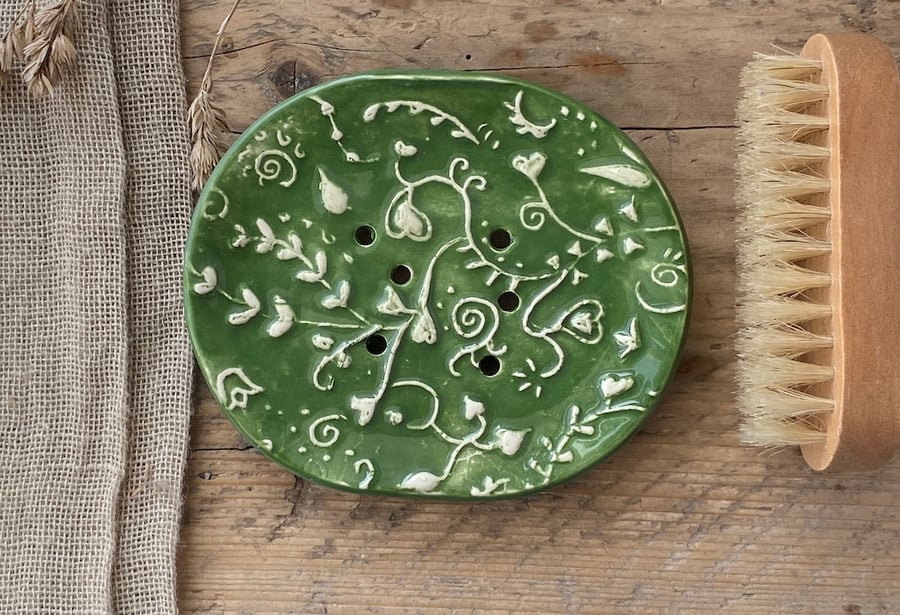 Handmade Green Botanical Ceramic Soap Dish