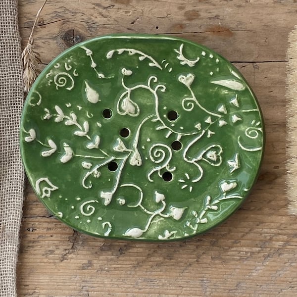 Handmade Green Botanical Ceramic Soap Dish