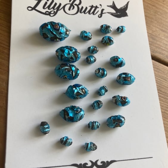 22 Vintage Handmade Blue Glass Foil & Millefiori Beads