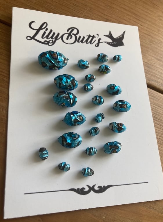 22 Vintage Handmade Blue Glass Foil & Millefiori Beads