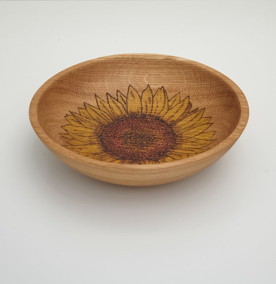 Wooden bowl, Pyrography sunflower design, decorated woodburned bowl 