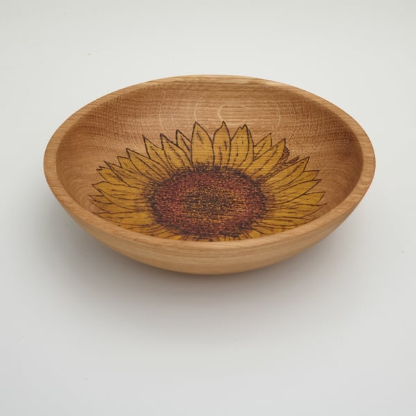 Wooden bowl, Pyrography sunflower design, decorated woodburned bowl 