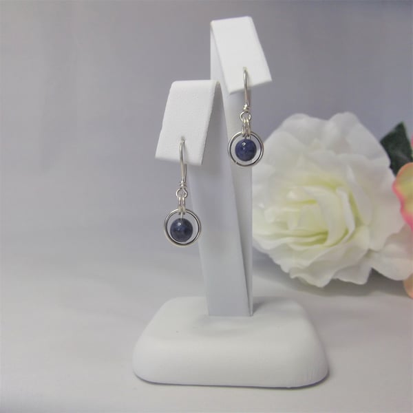 Sodalite gemstone dangle earrings bead surrounded by ring of recycled silver