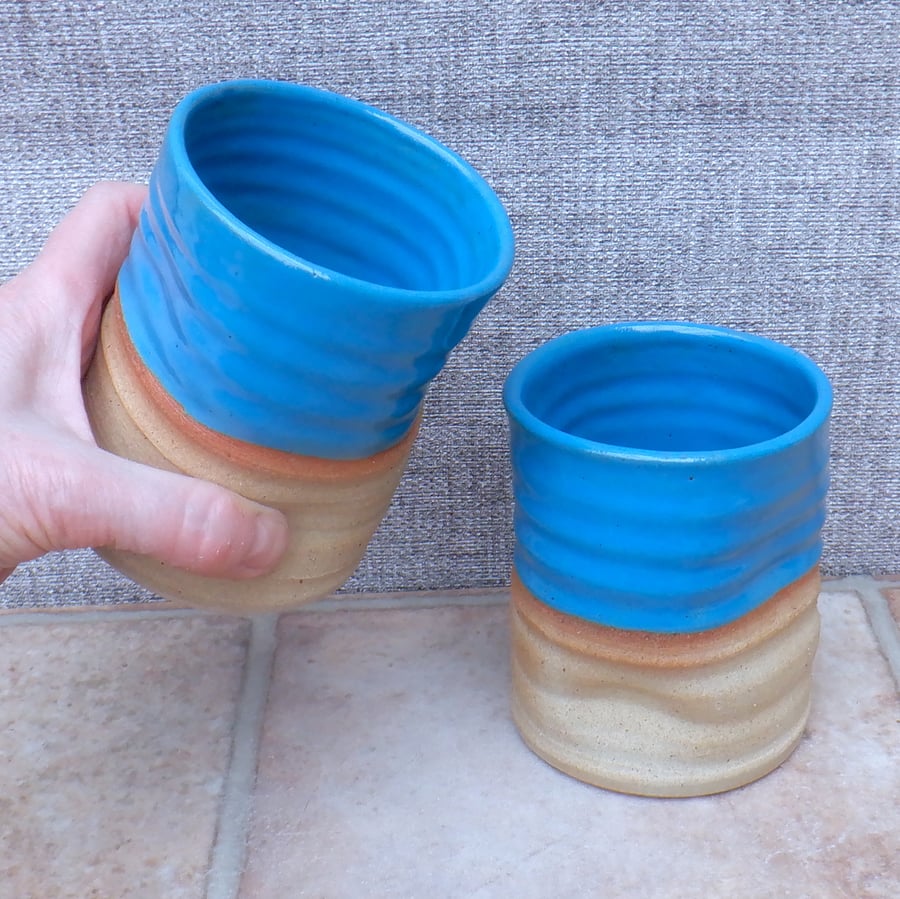 Pair of water or juice beaker tumbler wheel thrown in stoneware pottery handmade