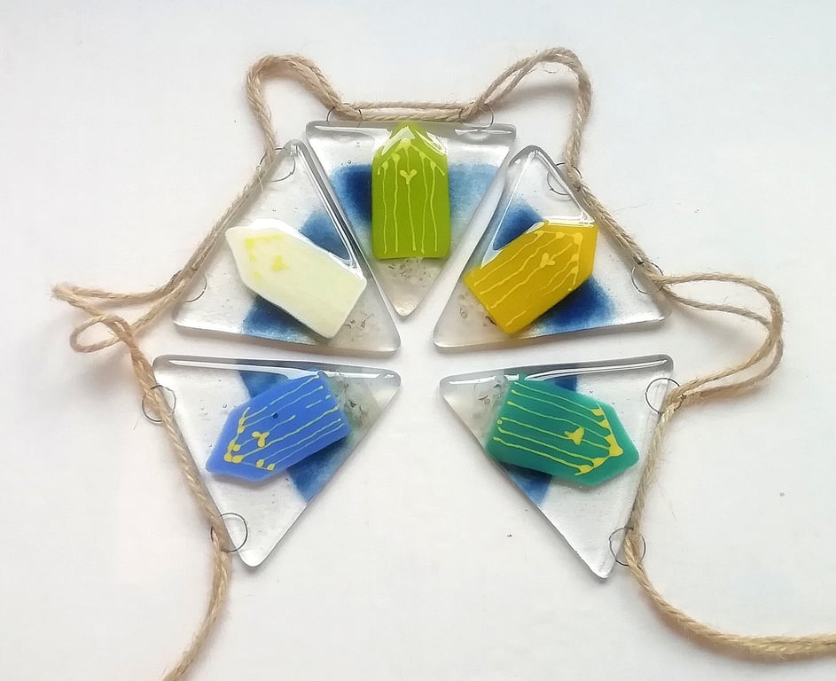 Fused Glass Beach Hut Bunting: Seaside Garden Garland