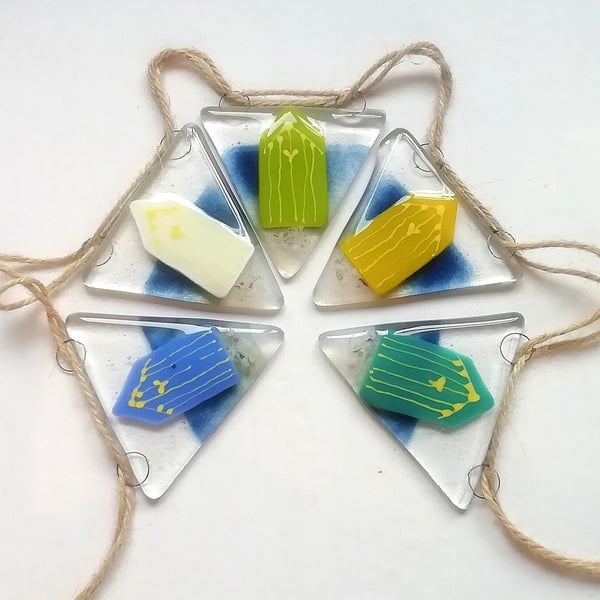 Fused Glass Beach Hut Bunting: Seaside Garden Garland