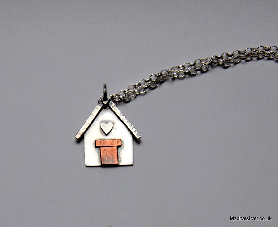 Silver, and copper beach hut pendant, silver house, beach house