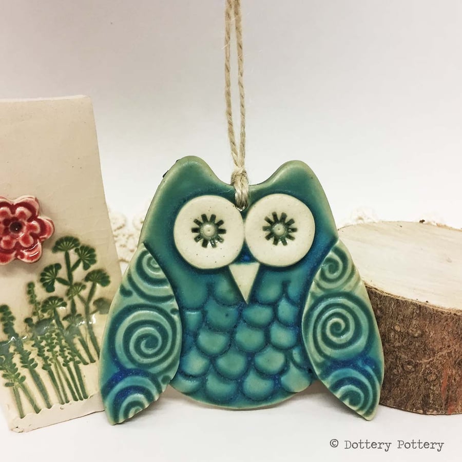 Ceramic owl hanging decoration Pottery owl ceramic bird green