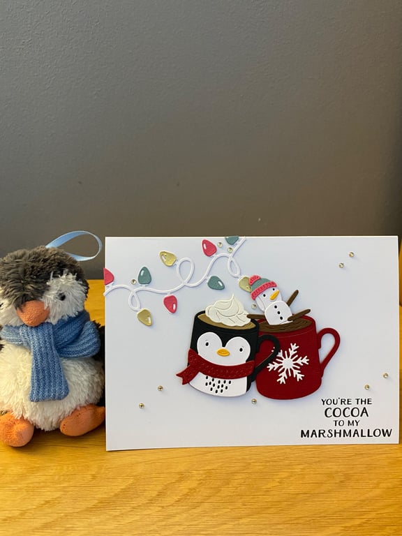 Handmade Christmas Card – You're the Cocoa to My Marshmallow - Penguin & Snowman