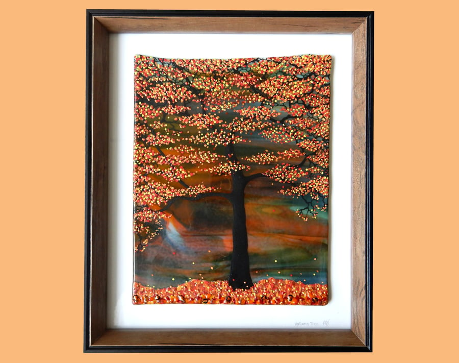 HANDMADE FUSED GLASS 'AUTUMN TREE' PICTURE.