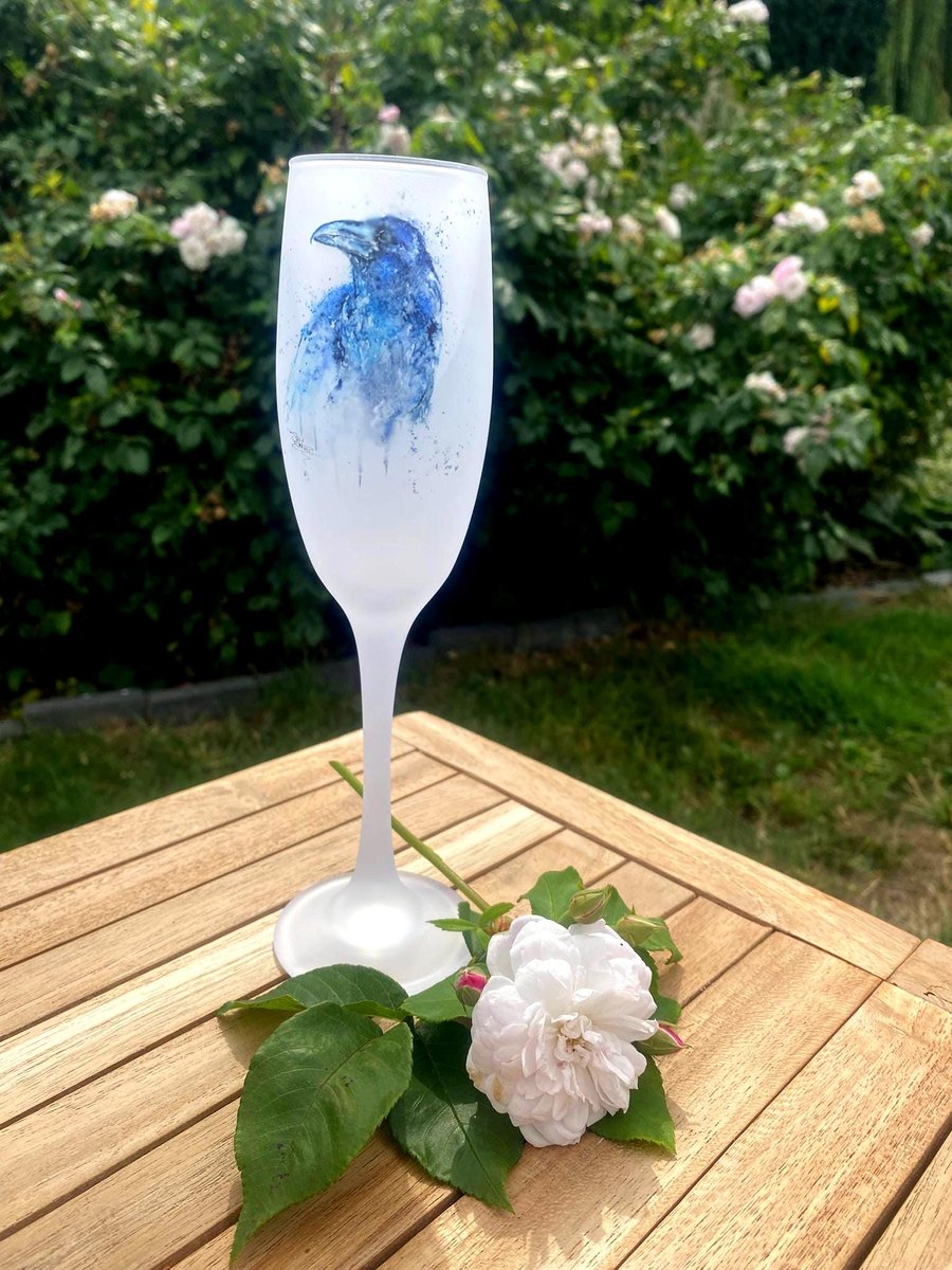 Raven Watercolour Motif, Frosted Glass Champagne Flute, Prosecco Glass. 