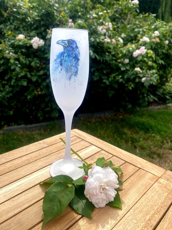 Raven Watercolour Motif, Frosted Glass Champagne Flute, Prosecco Glass. 