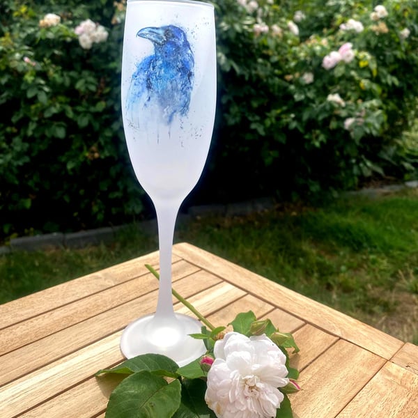 Raven Watercolour Motif, Frosted Glass Champagne Flute, Prosecco Glass. 