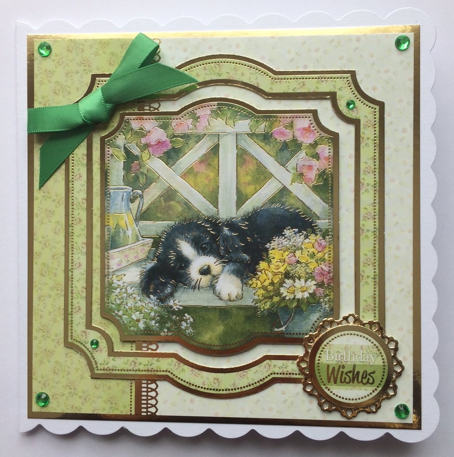 Birthday Card Birthday Wishes Cute Puppy Dog with Flowers 3D Luxury Handmade