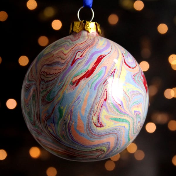 Large 'rainbow agate' pottery bauble Christmas decoration