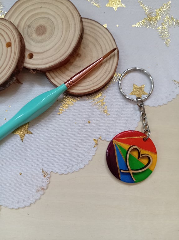 Wooden circular pride rainbow keyring 