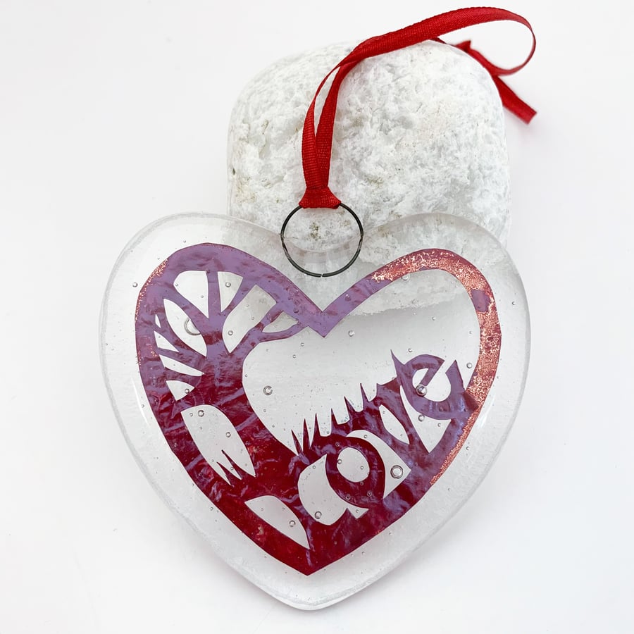 Seconds Sunday - Fused Glass "Love" Heart Hanging - Handmade Glass Suncatcher