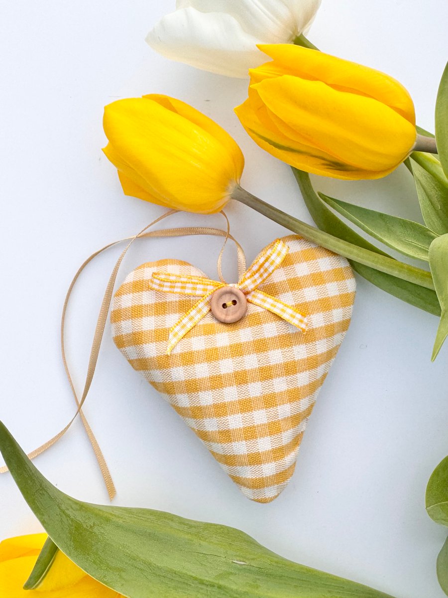 SOFT YELLOW GINGHAM FABRIC HEART DECORATION