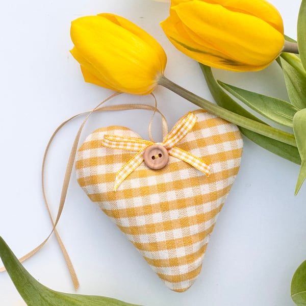 SOFT YELLOW GINGHAM FABRIC HEART DECORATION