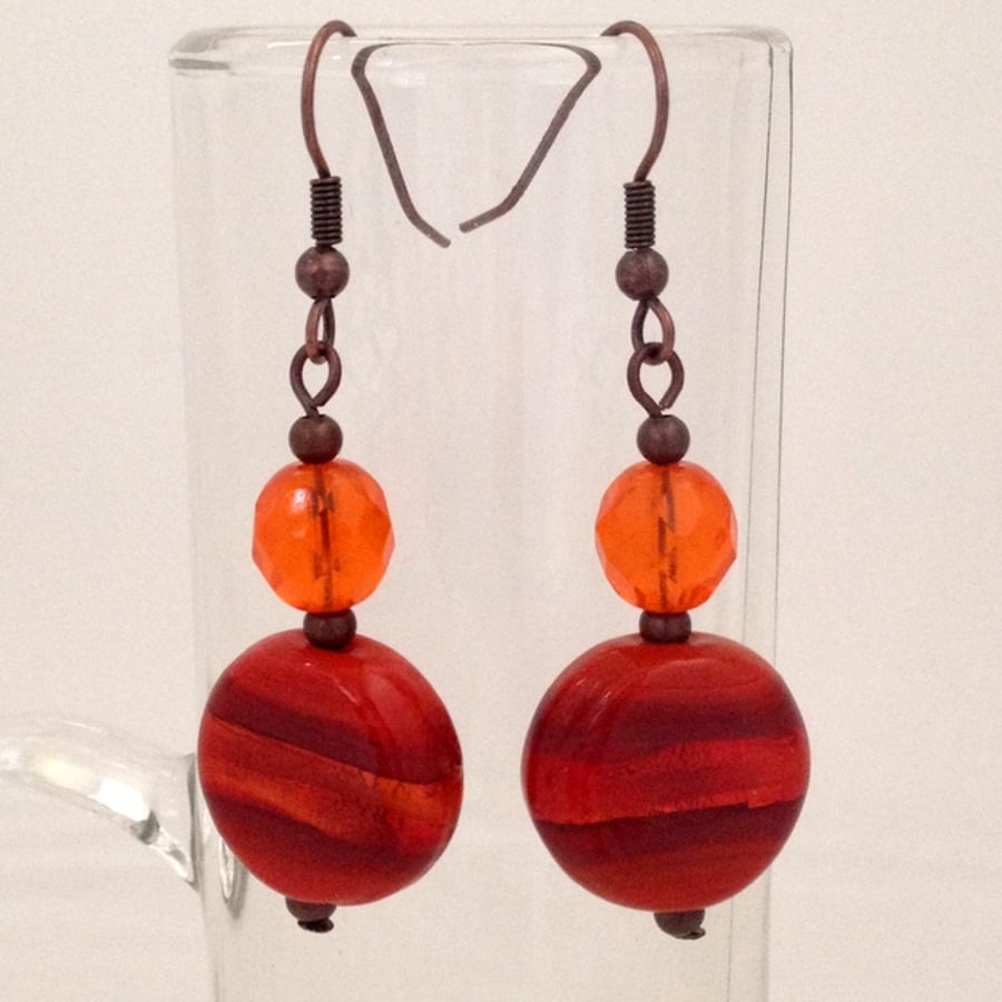 Orange & Bronze Disc Bead Earrings