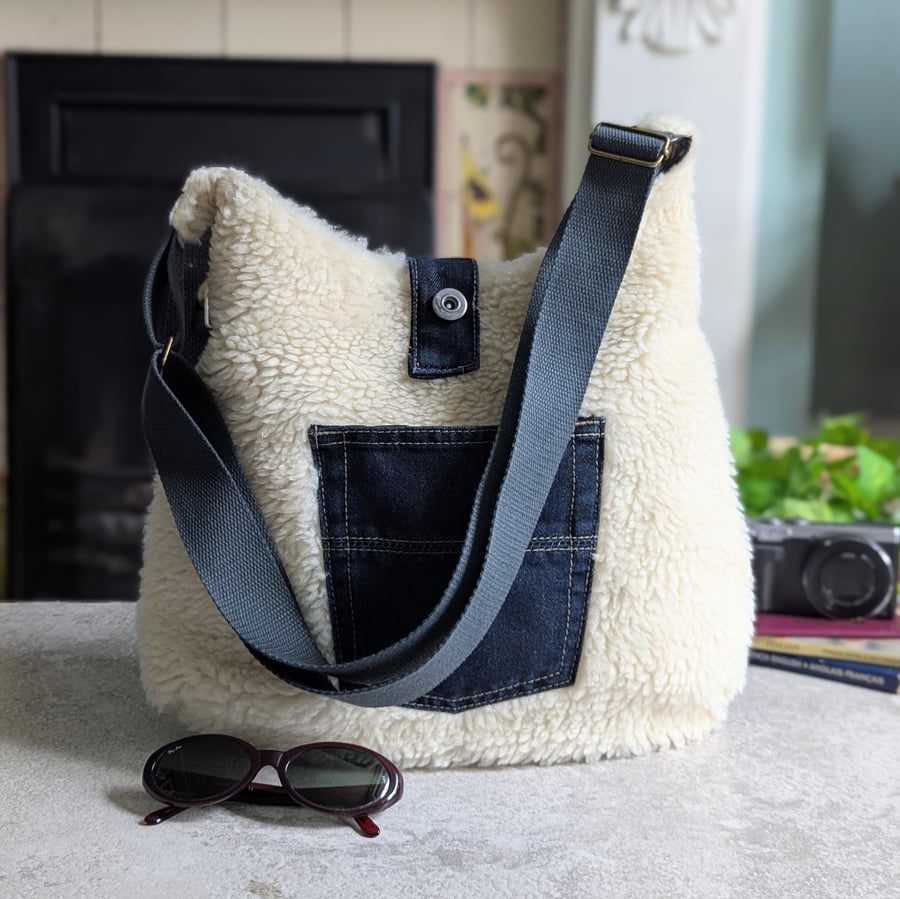 Denim Hobo Bag with Borg Style Fleece - Recycled Jeans and Faux Shearling 
