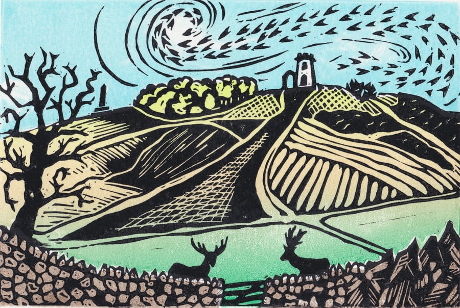 Old John, Bradgate Park Lino Print- Colour