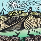 Old John, Bradgate Park Lino Print- Colour