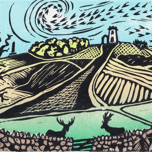 Old John, Bradgate Park Lino Print- Colour